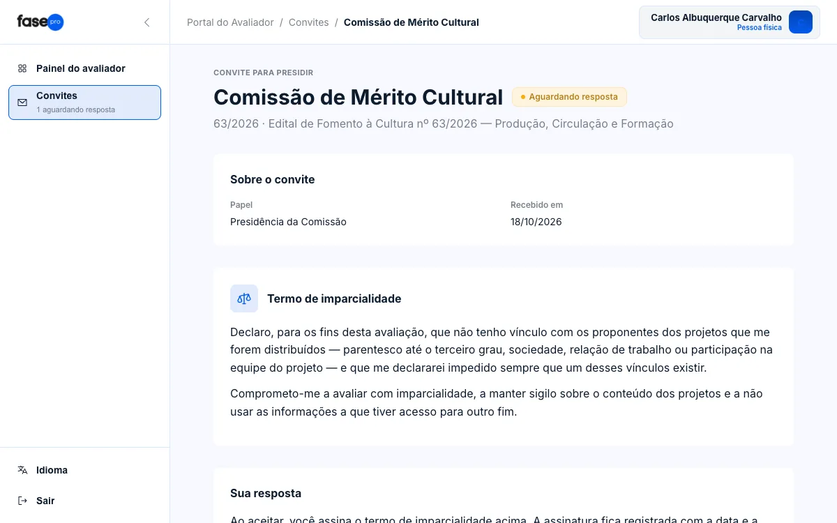 Tela do convite para presidir a Comissão de Mérito Cultural, com o papel Presidência da Comissão e o termo de imparcialidade.