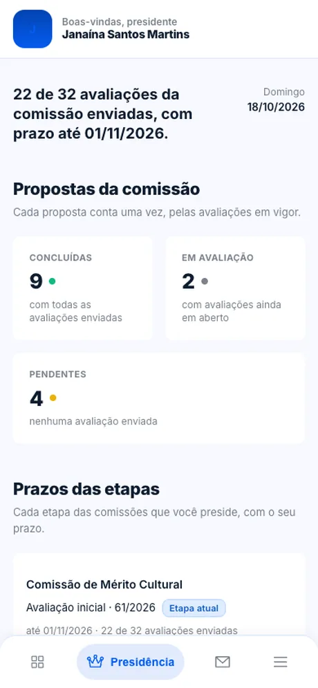 Painel do presidente no celular, com os contadores e a barra de navegação inferior.