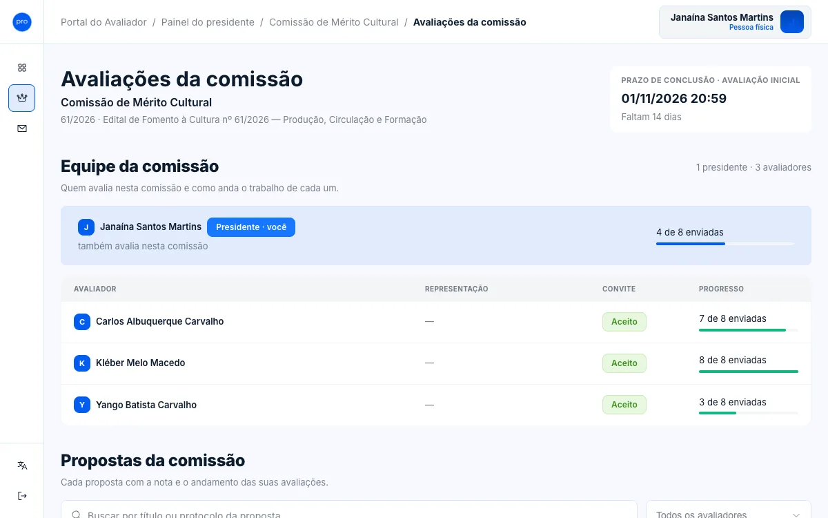 Tela Avaliações da comissão com o prazo de conclusão e a tabela Equipe da comissão.