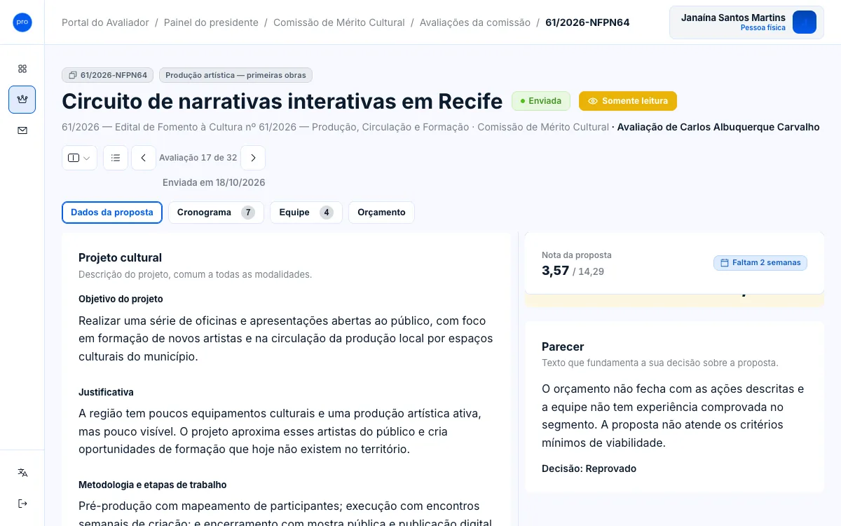 Parecer do avaliador com o texto e a linha Decisão: Reprovado.