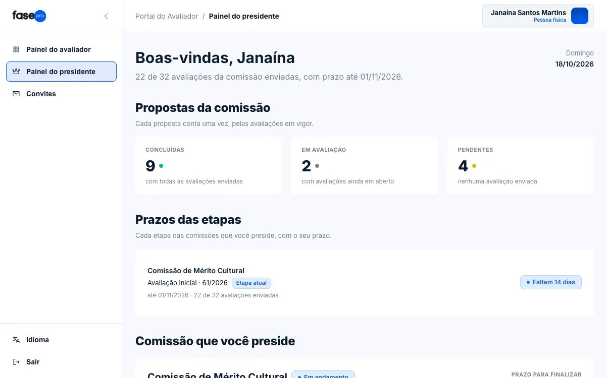 Painel do presidente com os contadores Concluídas, Em avaliação e Pendentes e o bloco Prazos das etapas.